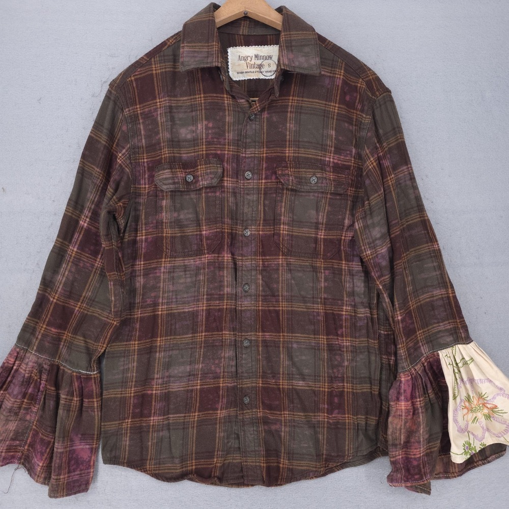 Angry Minnow Vintage Shirt Womens Small Brown Plaid Bell Sleeve Boho Button Up
